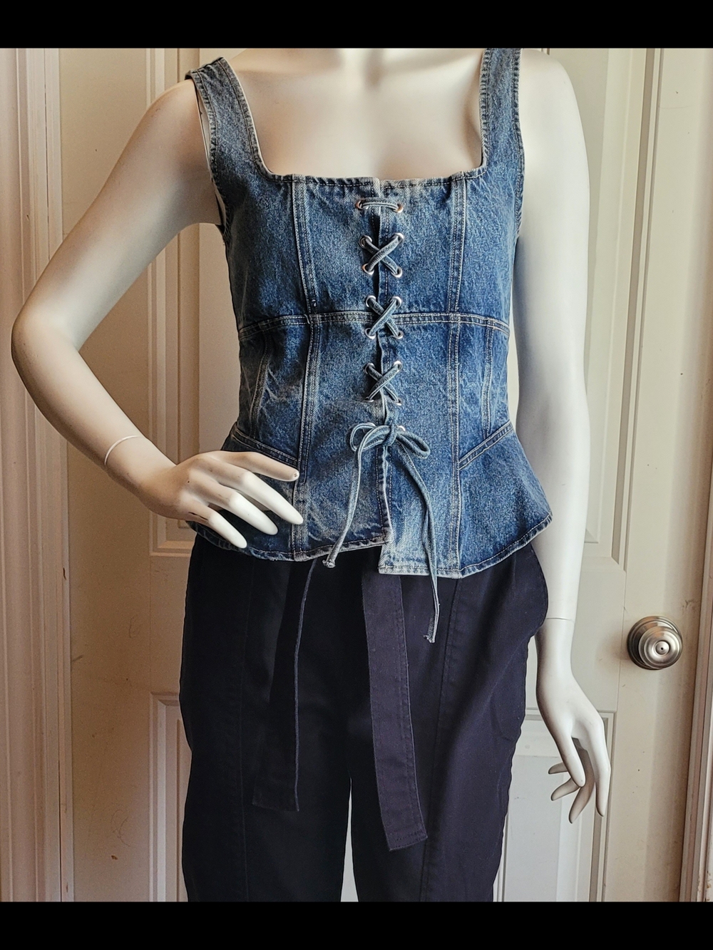 NWT Denim Lace-Up Corset Top Medium Wash Blue M